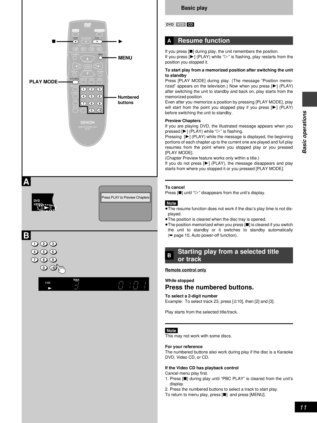 Denon DVD-800 »A Resume function, Starting play from a selected title, » or track, Press the numbered buttons, Basic play 