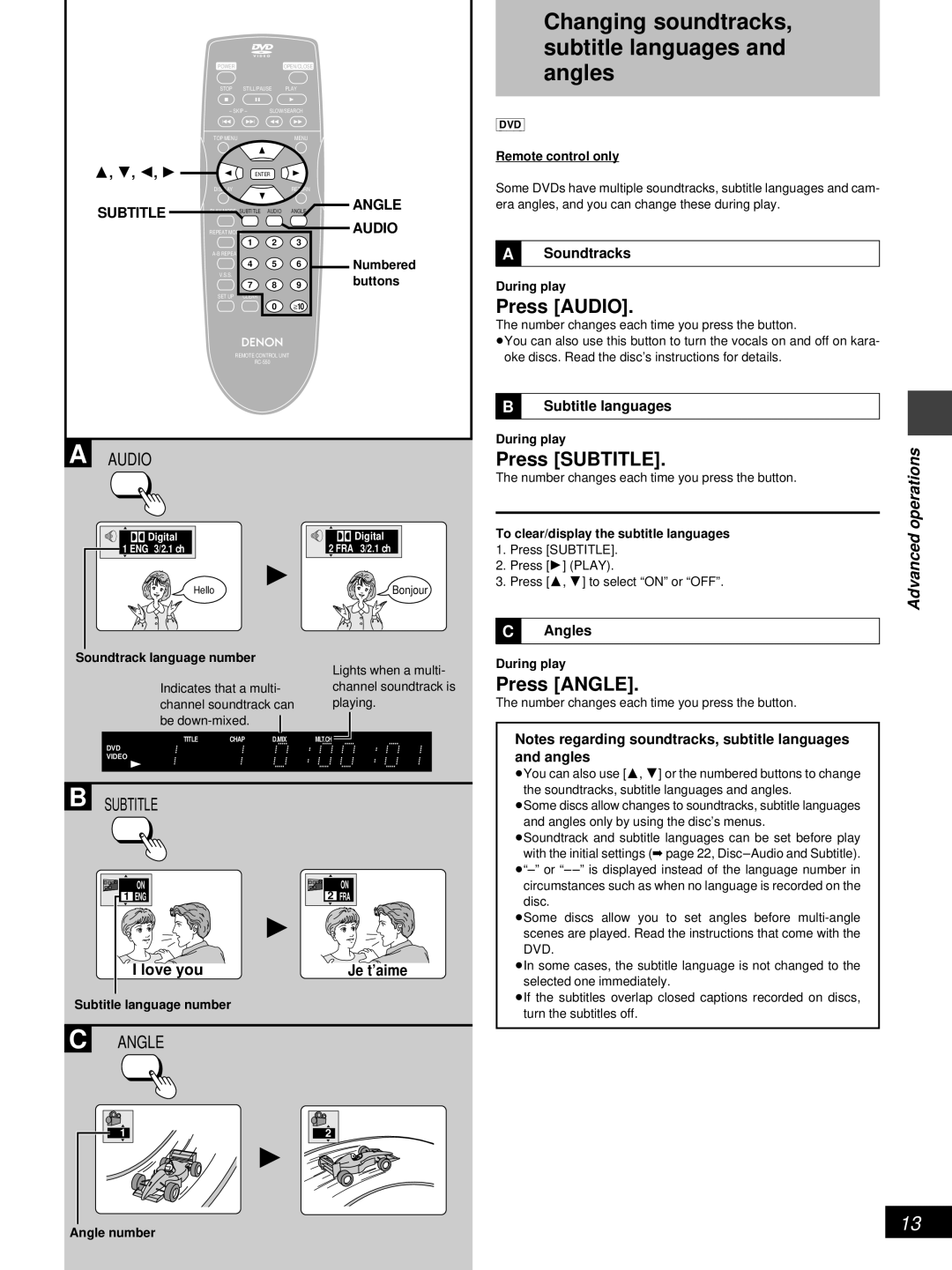 Denon DVD-800 manual Changing soundtracks Subtitle languages and angles, Press Audio, Press Subtitle, Press Angle 