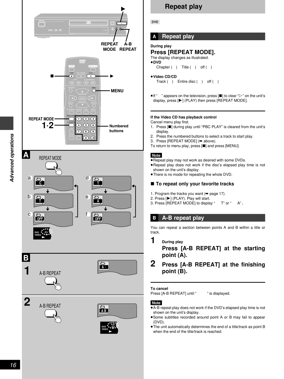 Denon DVD-800 manual Repeat play, Press Repeat Mode, »B A-B repeat play, Operations, Advanced 