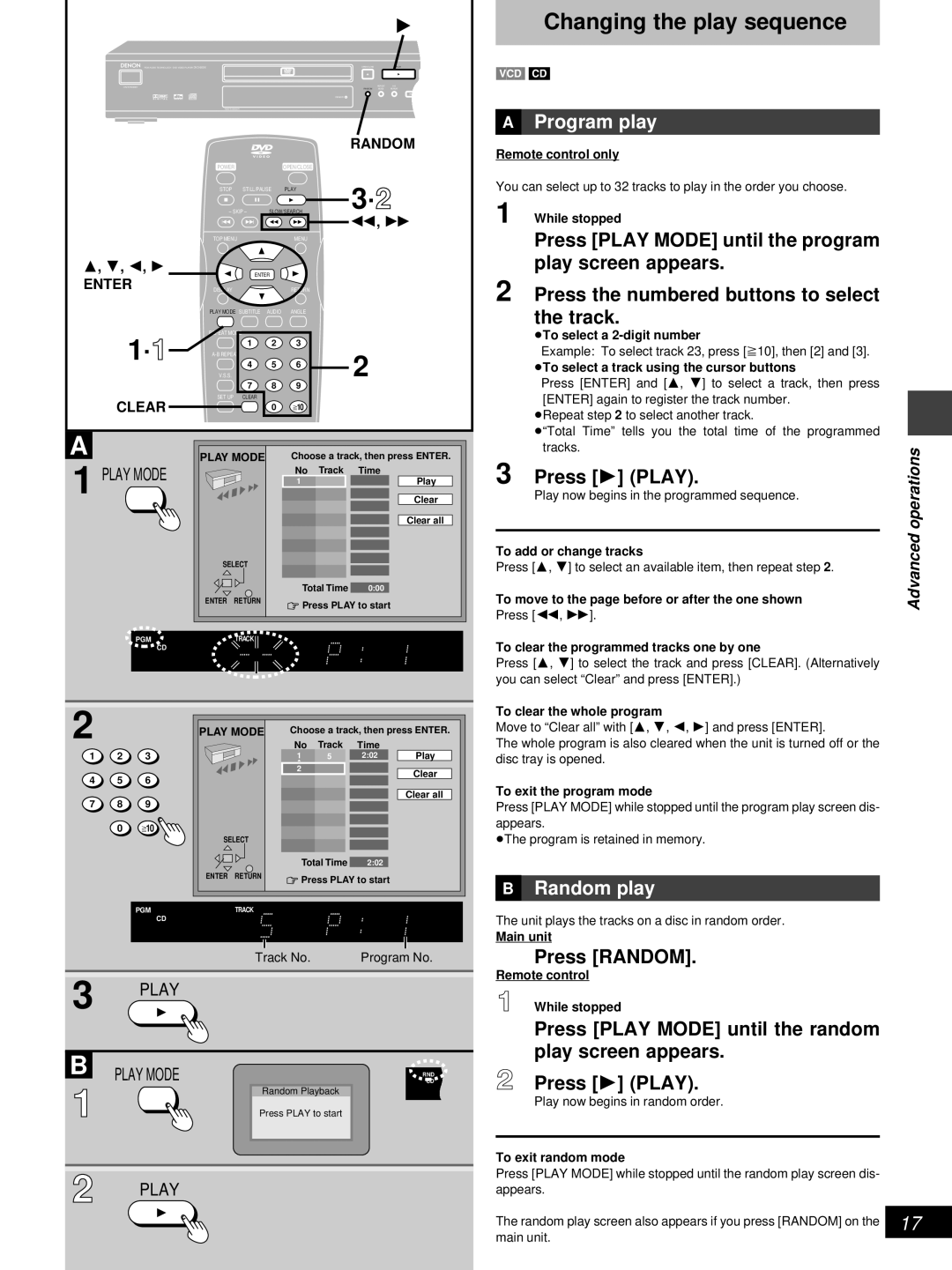 Denon DVD-800 manual Changing the play sequence, »A Program play, »B Random play, Press Random 