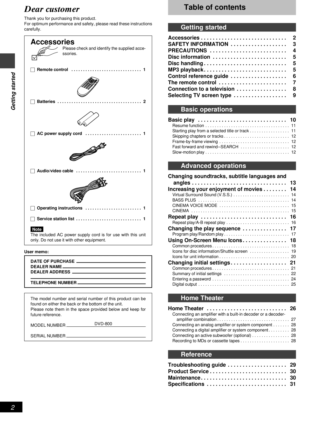 Denon DVD-800 manual Accessories, Table of contents 