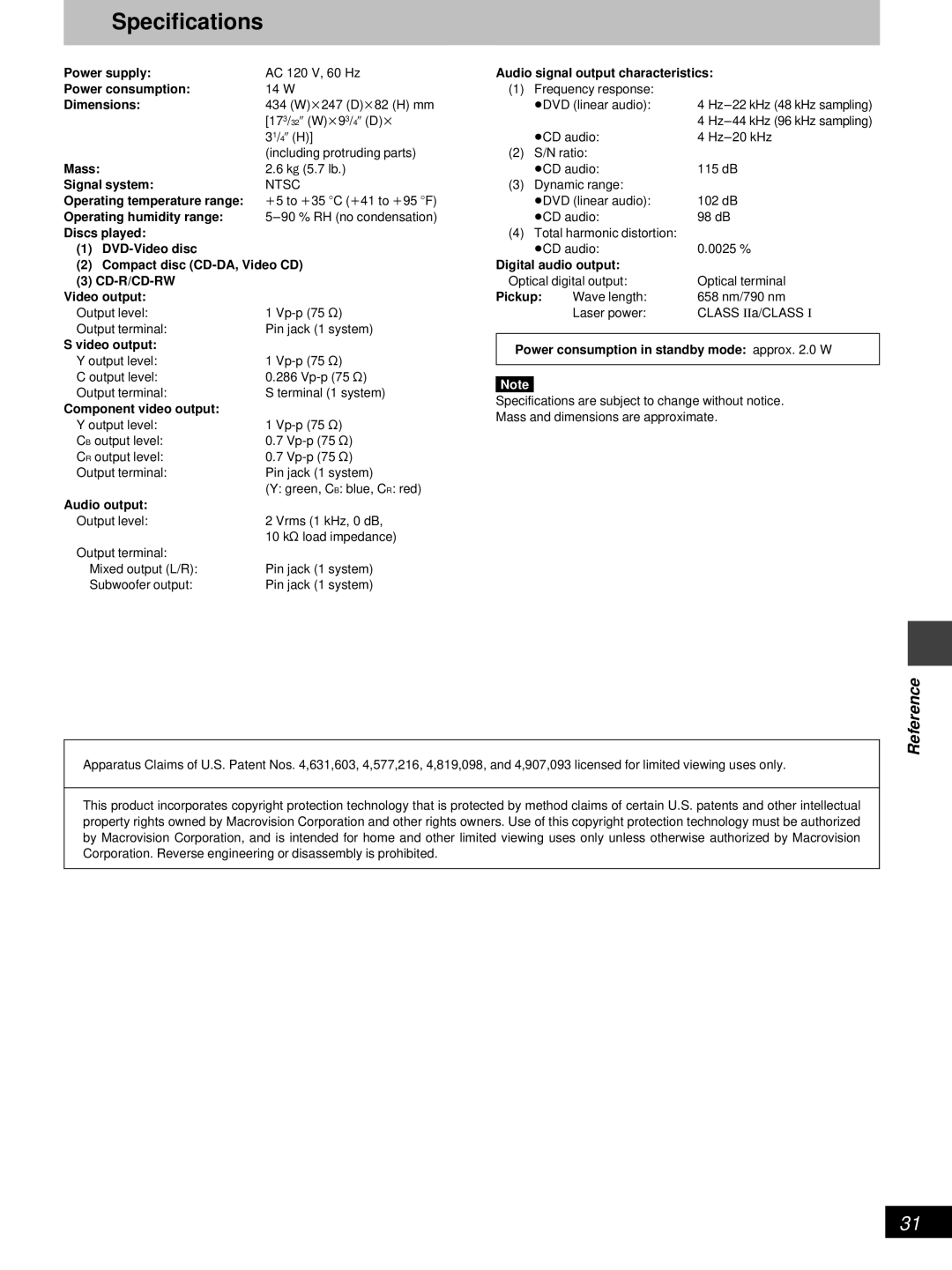 Denon DVD-800 manual Specifications, Reference 