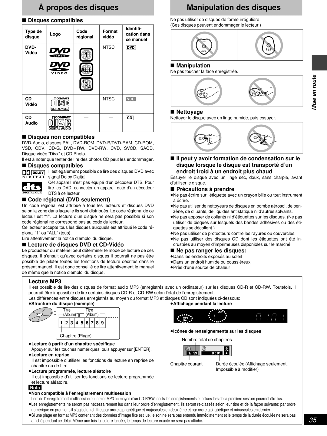 Denon DVD-800 manual Propos des disques, Manipulation des disques 