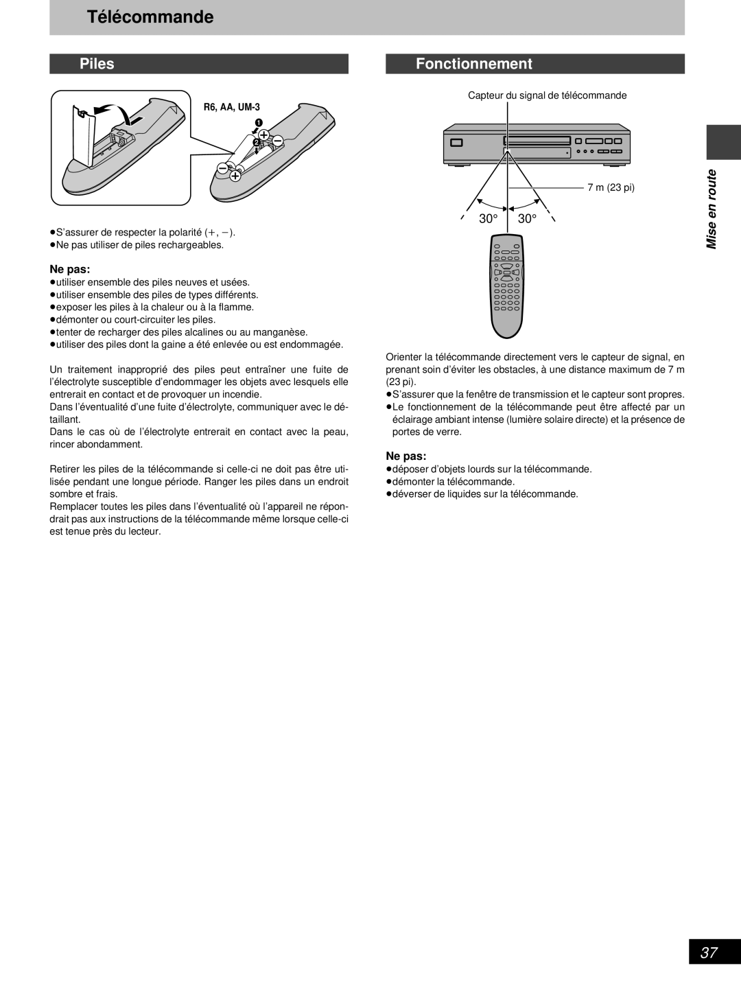 Denon DVD-800 manual Té lé commande, Piles, Fonctionnement, Enroute, Mise 