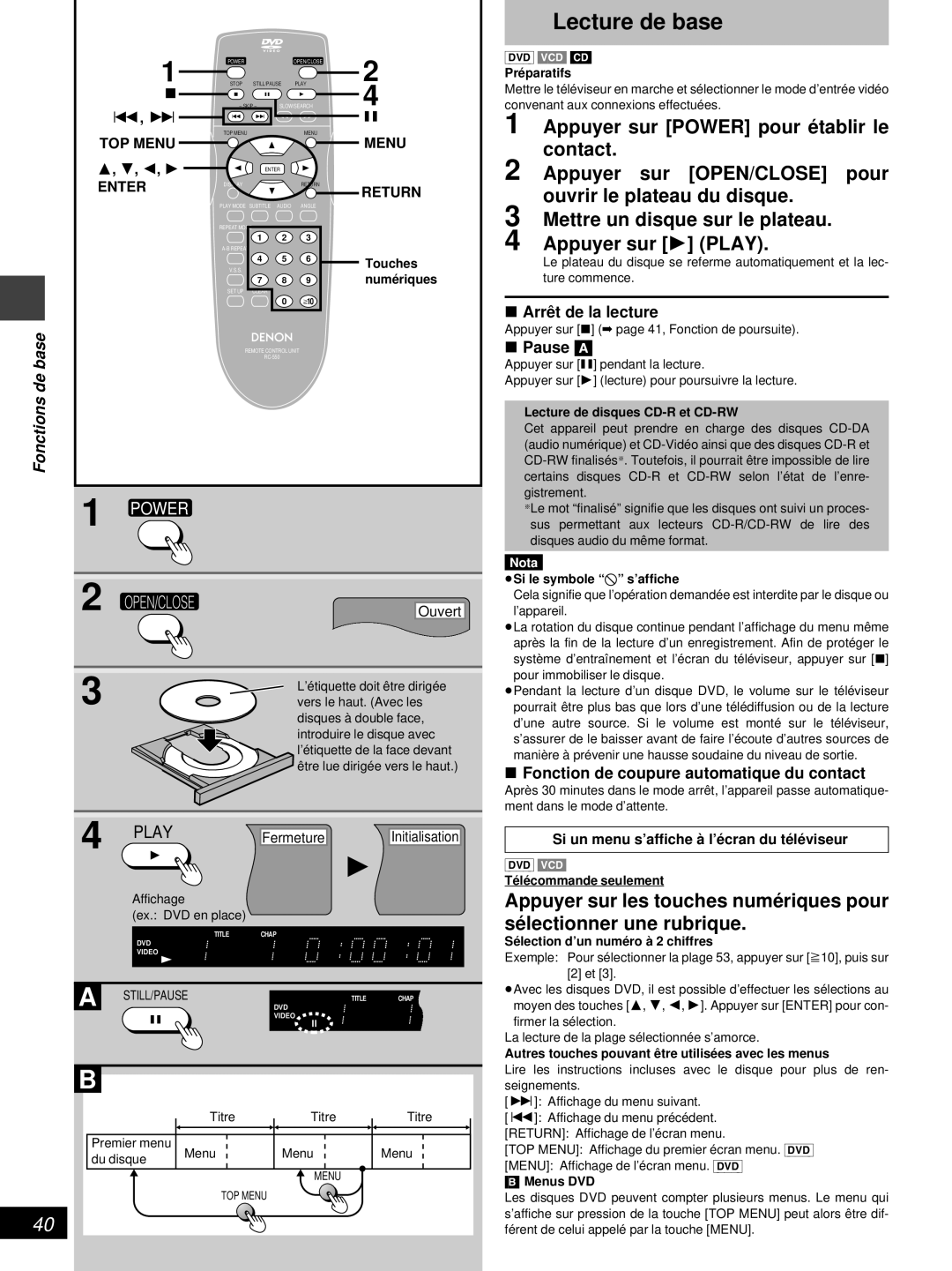 Denon DVD-800 manual Lecture de base, Sé lectionner une rubrique, Fonctions de base 