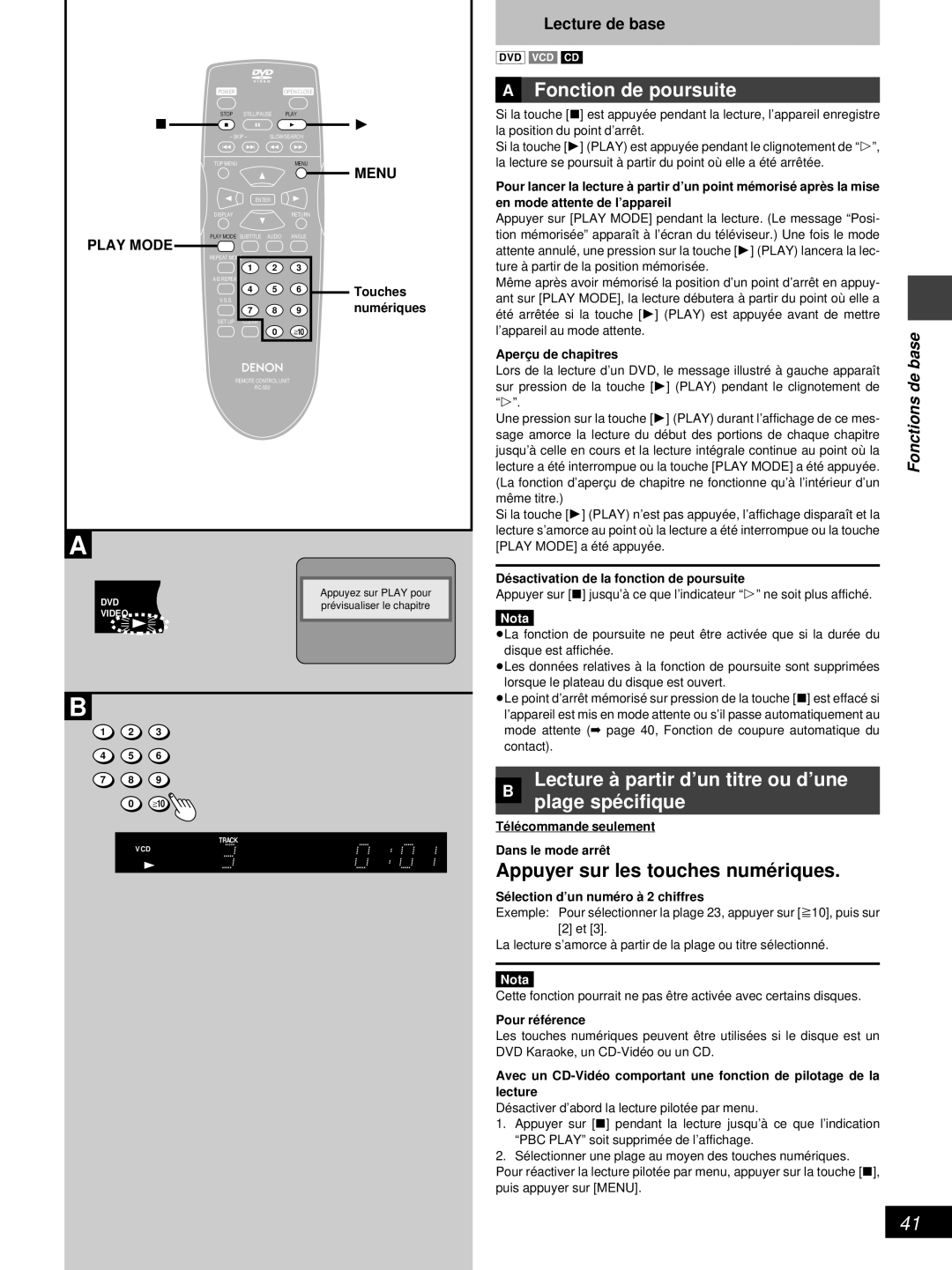 Denon DVD-800 manual »A Fonction de poursuite, » Lecture à partir d’un titre ou d’une Plage spé cifique, Base, Fonctions de 