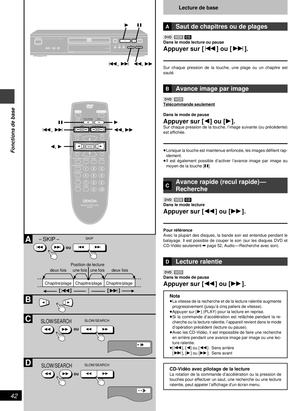 Denon DVD-800 manual »A Saut de chapitres ou de plages, »B Avance image par image, » Avance rapide recul rapide Recherche 