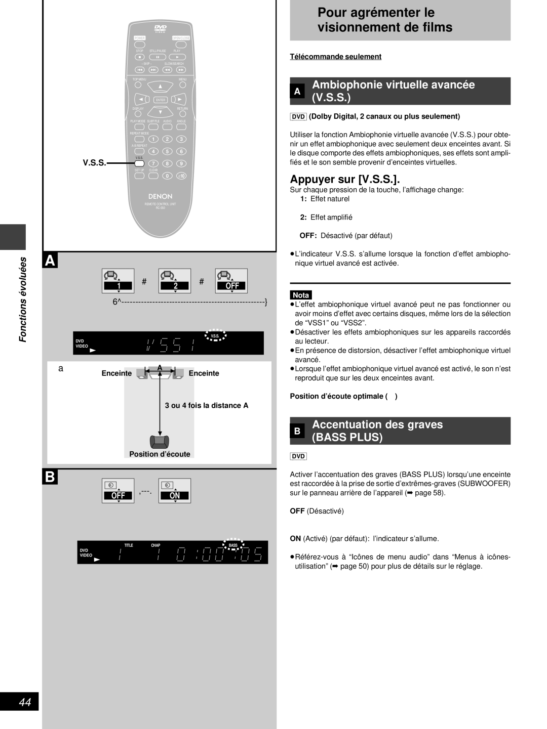 Denon DVD-800 manual » Ambiophonie virtuelle avancé e, Appuyer sur V.S.S, » Accentuation des graves, Fonctions évoluées 