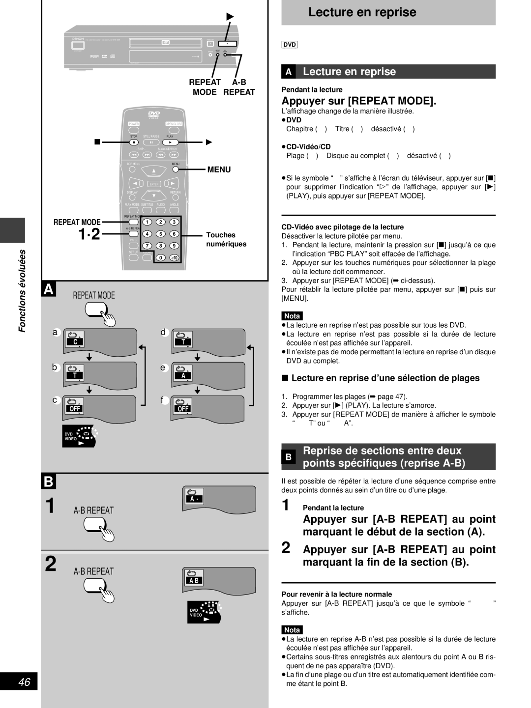 Denon DVD-800 manual »A Lecture en reprise, Appuyer sur Repeat Mode, Lecture en reprise d’une sé lection de plages 