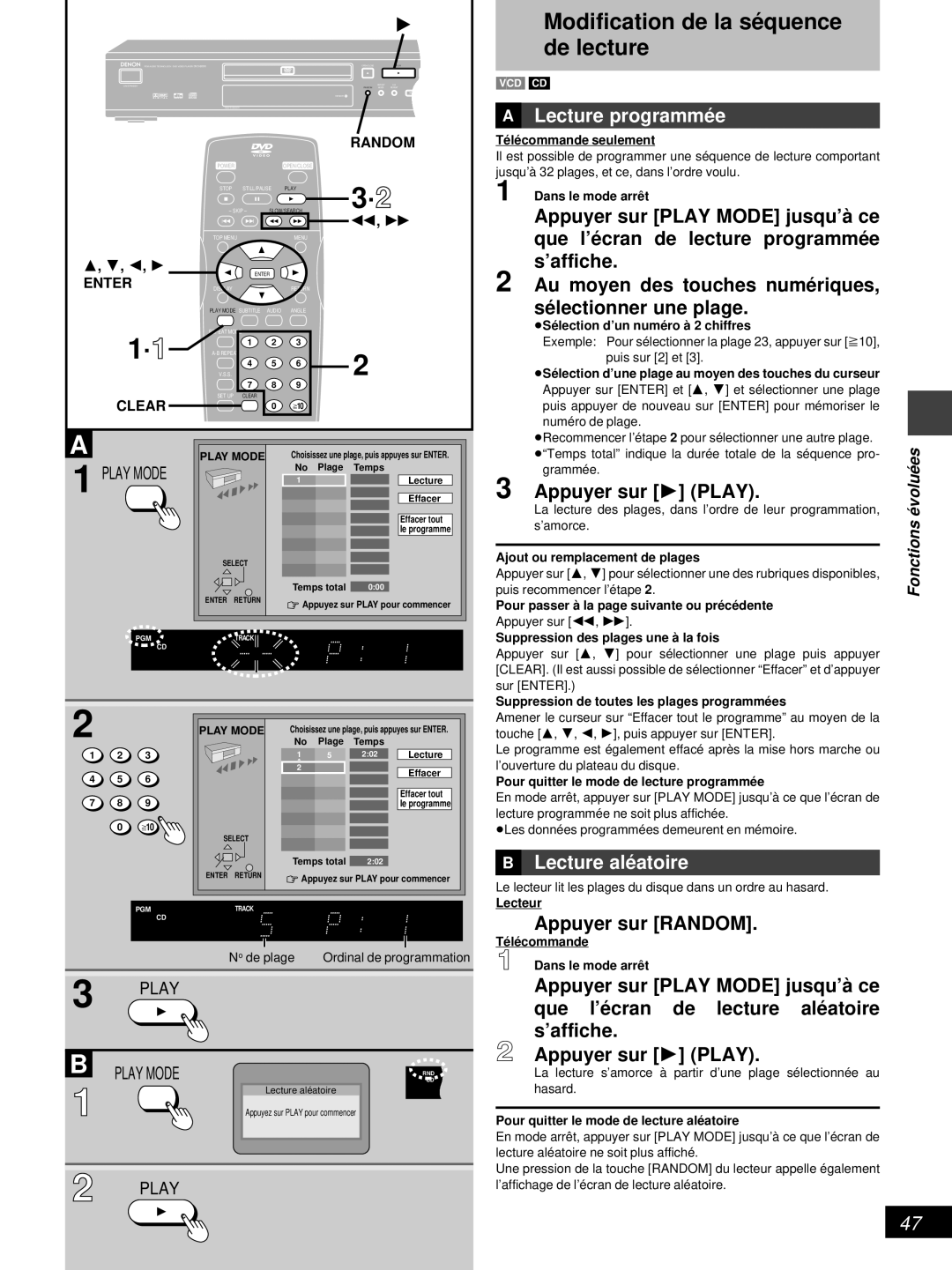 Denon DVD-800 Modification de la sé quence de lecture, »A Lecture programmé e, »B Lecture alé atoire, Appuyer sur Random 