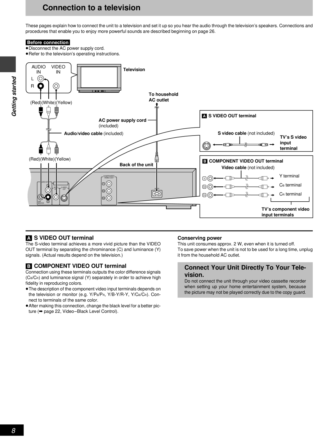 Denon DVD-800 manual Connection to a television, Component Video OUT terminal, Conserving power 