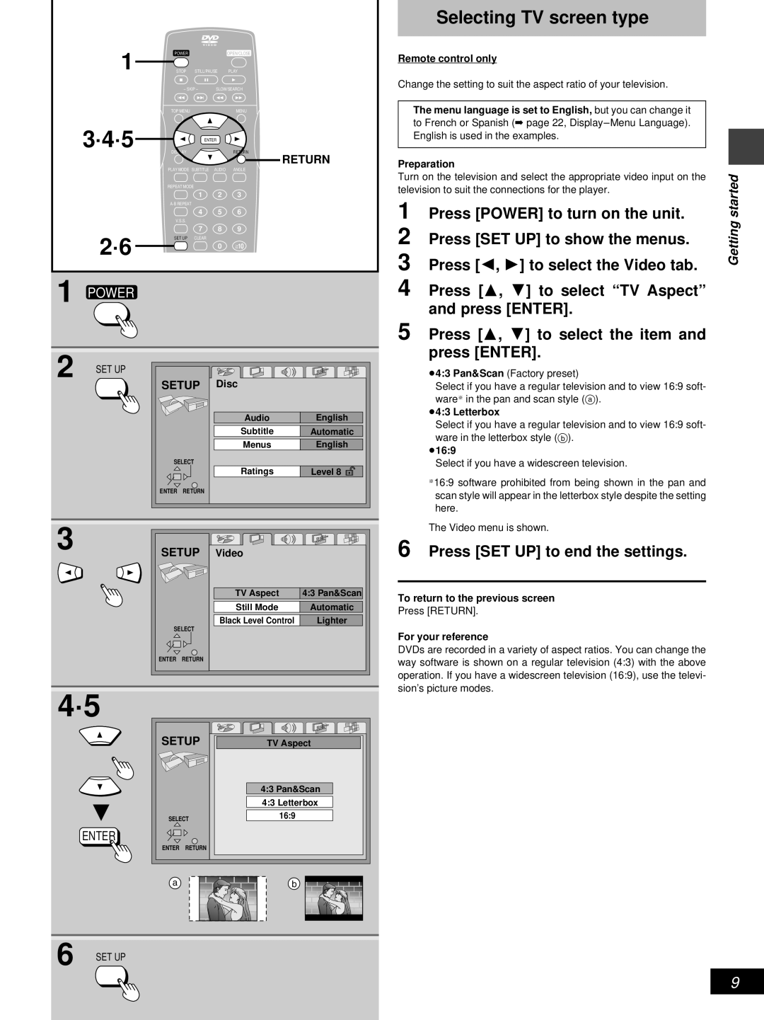 Denon DVD-800 Selecting TV screen type, Press 3, 4 to select the item and press Enter, Press SET UP to end the settings 