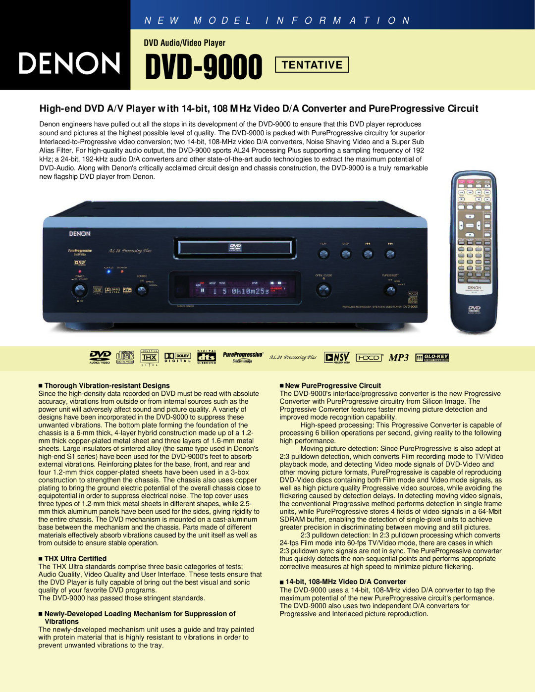 Denon DVD-9000 manual Thorough Vibration-resistant Designs, THX Ultra Certified, New PureProgressive Circuit 