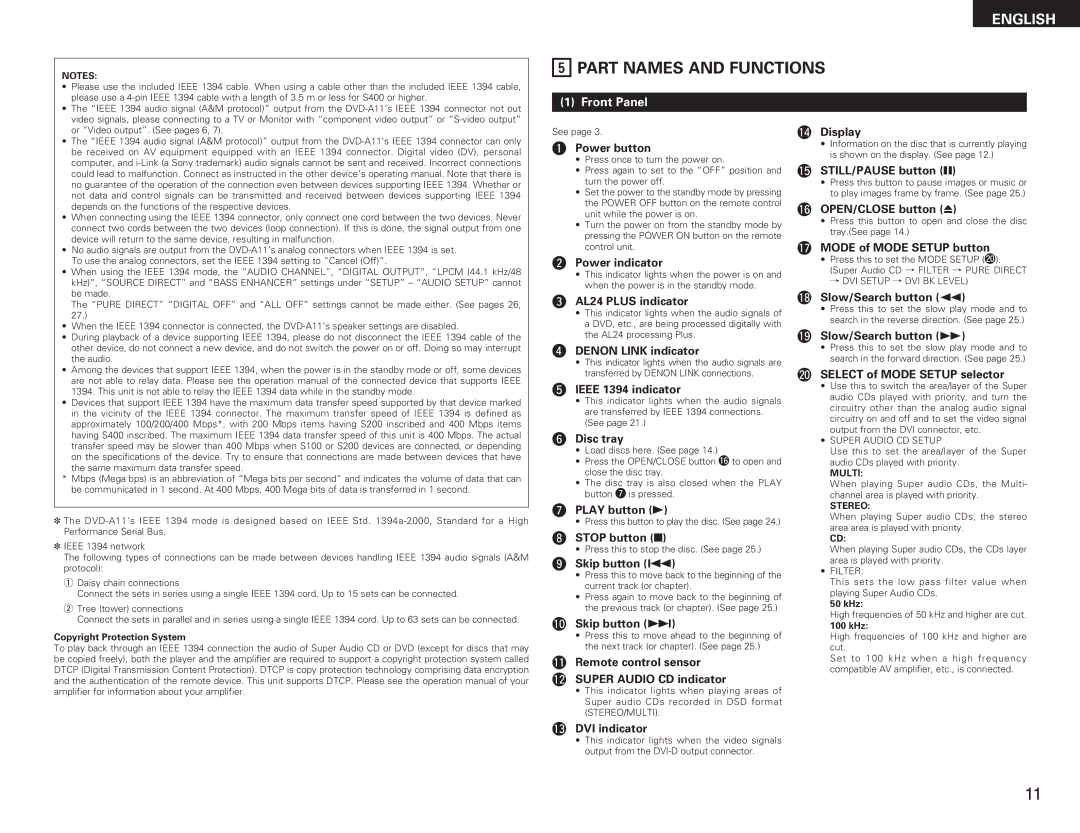 Denon DVD-A11 manual Part Names and Functions, Front Panel, Multi, Stereo 