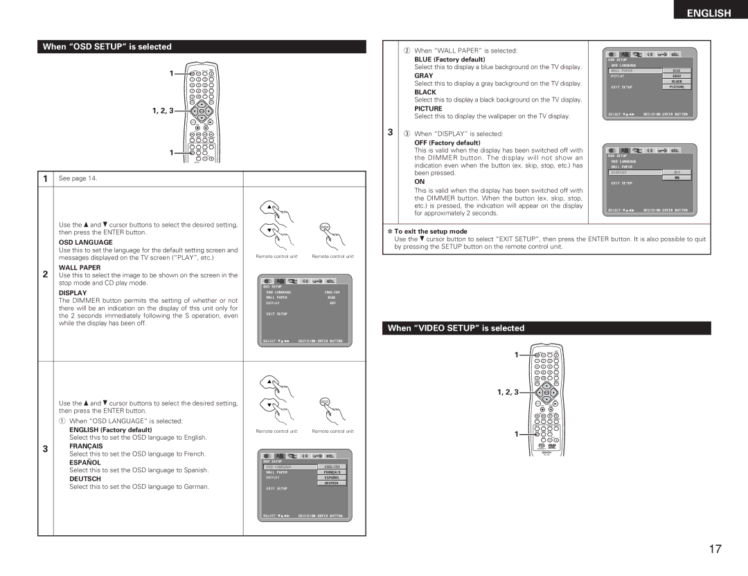 Denon DVD-A11 manual When OSD Setup is selected, When Video Setup is selected, Display 