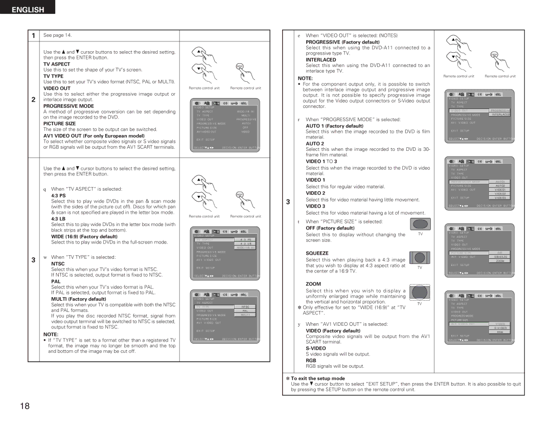 Denon DVD-A11 manual Progressive Mode, Picture Size 