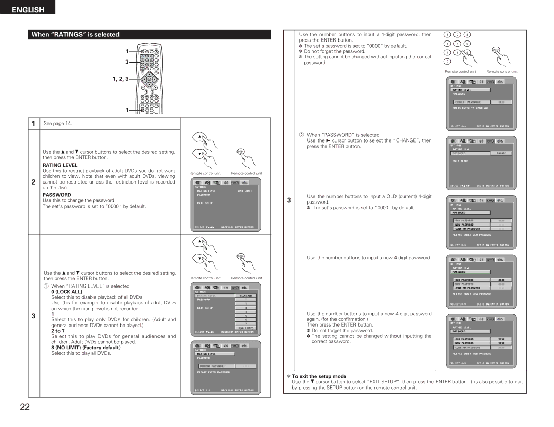 Denon DVD-A11 manual When Ratings is selected, Rating Level, Password, Lock ALL, No Limit Factory default 