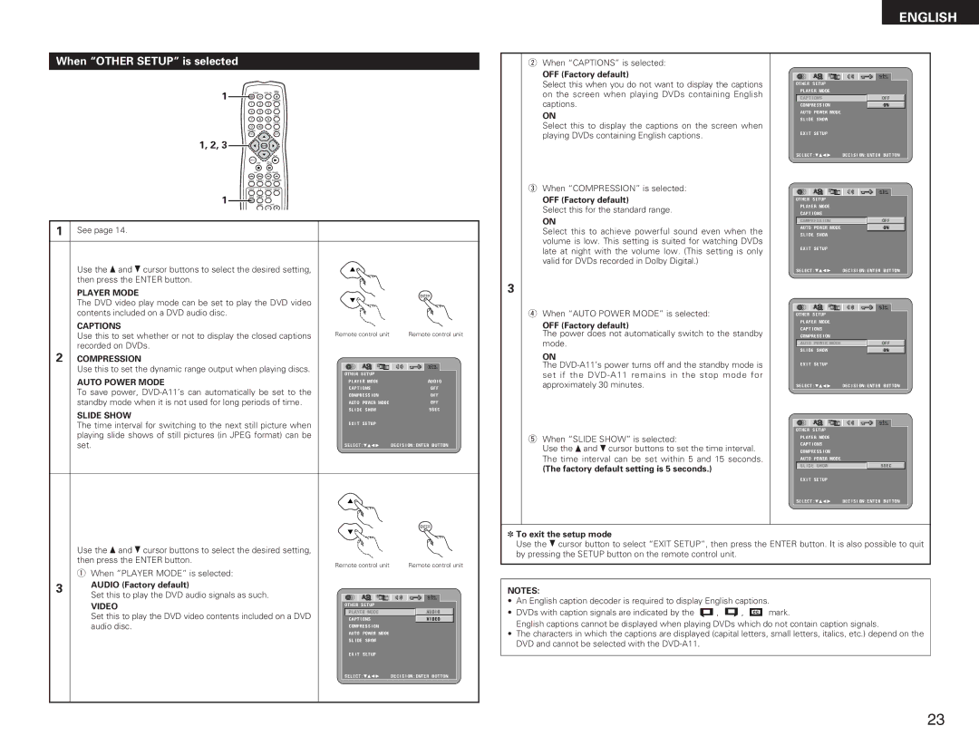 Denon DVD-A11 manual When Other Setup is selected, Auto Power Mode, Slide Show, Video 