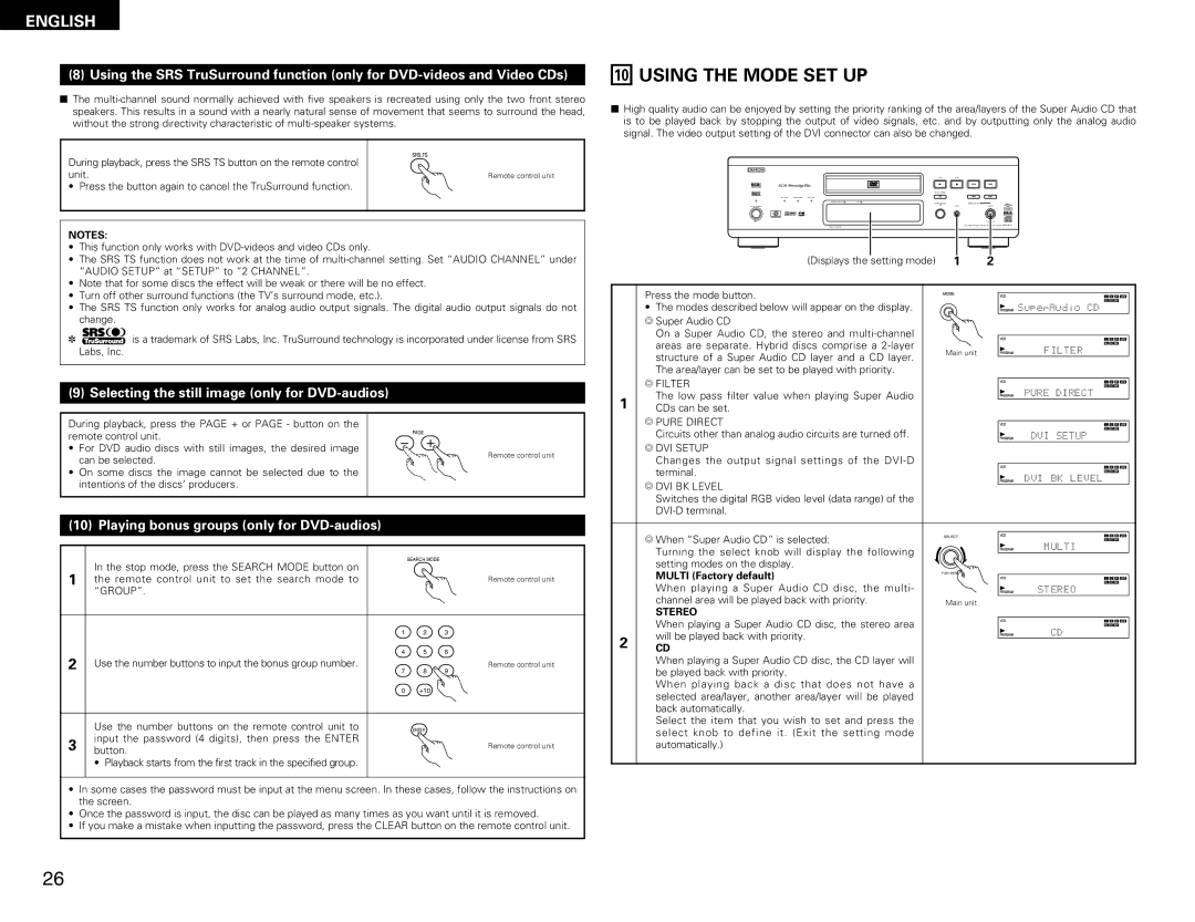 Denon DVD-A11 manual Using the Mode SET UP, Selecting the still image only for DVD-audios 