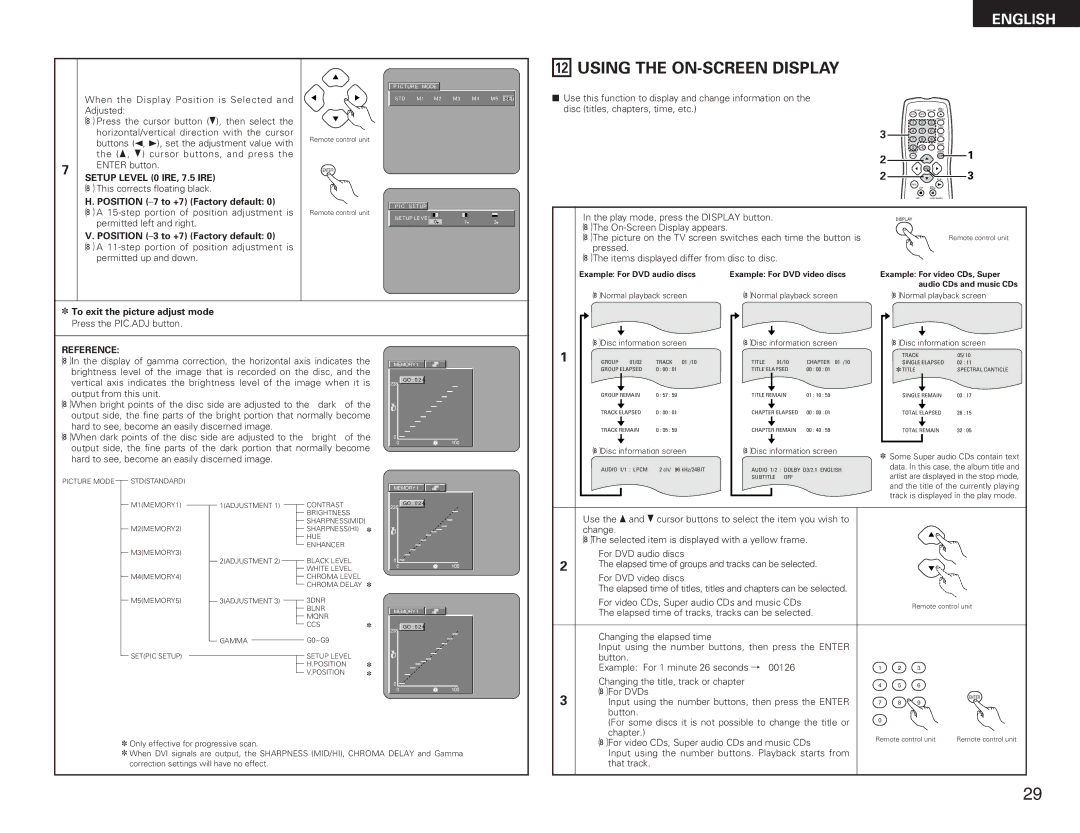 Denon DVD-A11 manual Using the ON-SCREEN Display, Setup Level 0 IRE, 7.5 IRE, Reference 