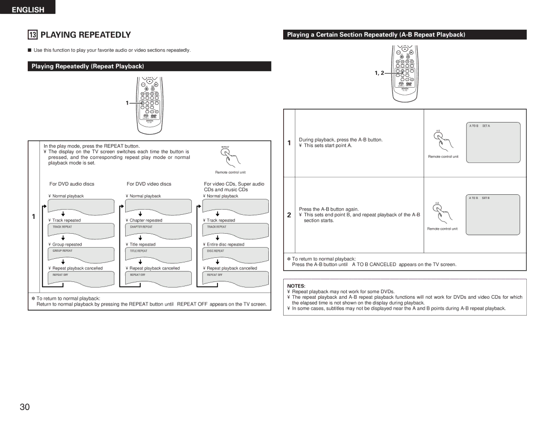 Denon DVD-A11 manual Playing Repeatedly Repeat Playback, Playing a Certain Section Repeatedly A-B Repeat Playback 