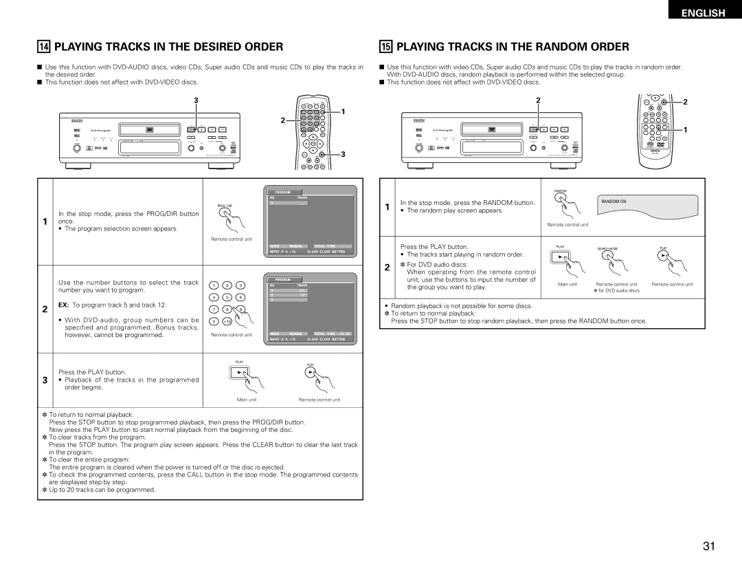 Denon DVD-A11 manual Playing Tracks in the Desired Order, Playing Tracks in the Random Order, However, cannot be programmed 