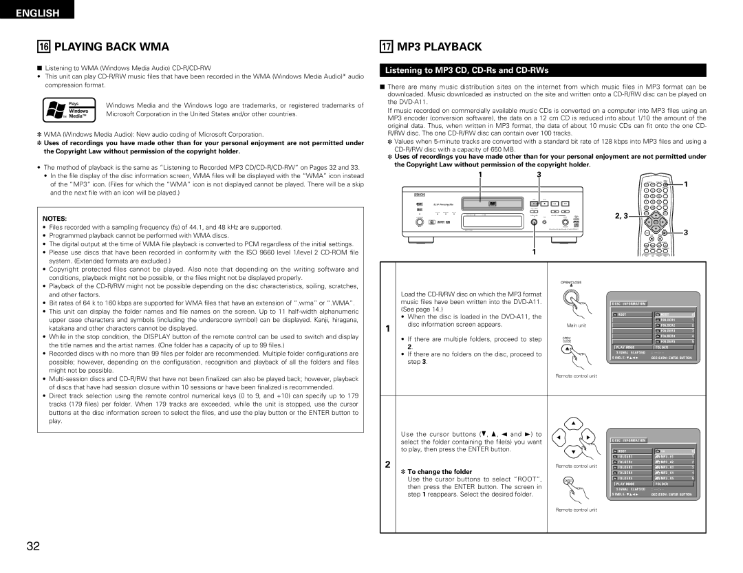 Denon DVD-A11 manual Playing Back WMA, 17 MP3 Playback, Listening to MP3 CD, CD-Rs and CD-RWs 