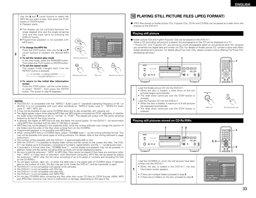 Denon DVD-A11 manual Playing Still Picture Files Jpeg Format, Playing still pictures stored on CD-Rs/RWs 