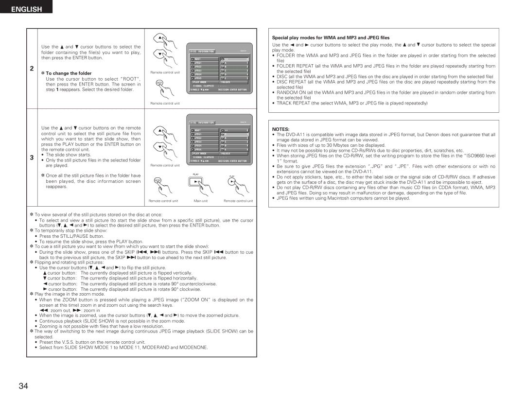 Denon DVD-A11 Then press the Enter button, Use the cursor button to select Root, Remote control unit, Slide show starts 