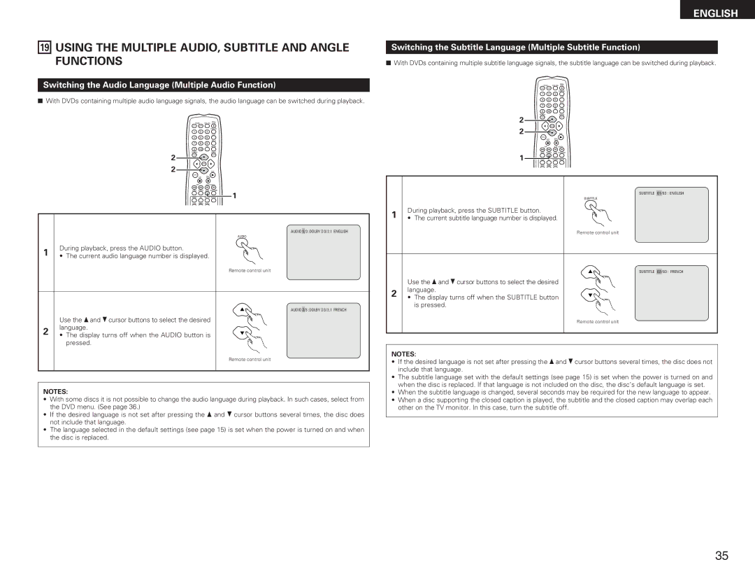 Denon DVD-A11 Using the Multiple AUDIO, Subtitle and Angle Functions, Switching the Audio Language Multiple Audio Function 