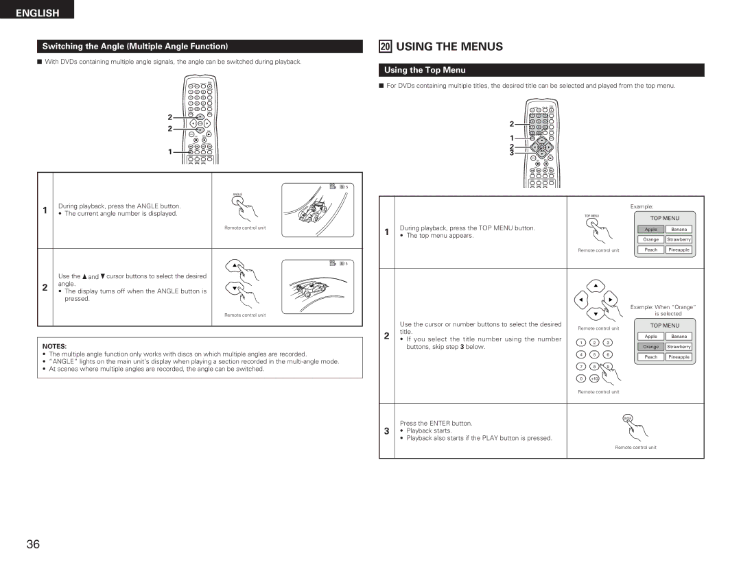 Denon DVD-A11 manual Using the Menus, Switching the Angle Multiple Angle Function, Using the Top Menu 