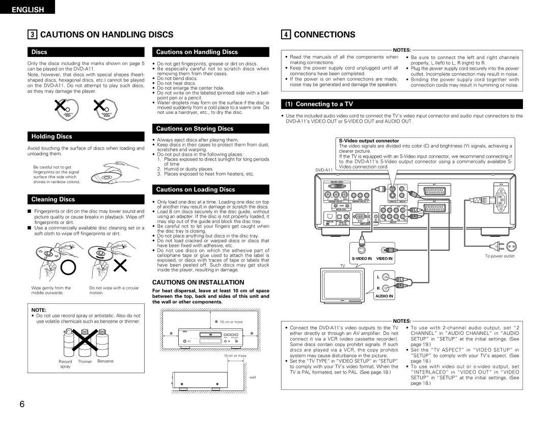 Denon DVD-A11 manual Connections, Connecting to a TV, Holding Discs, Cleaning Discs 