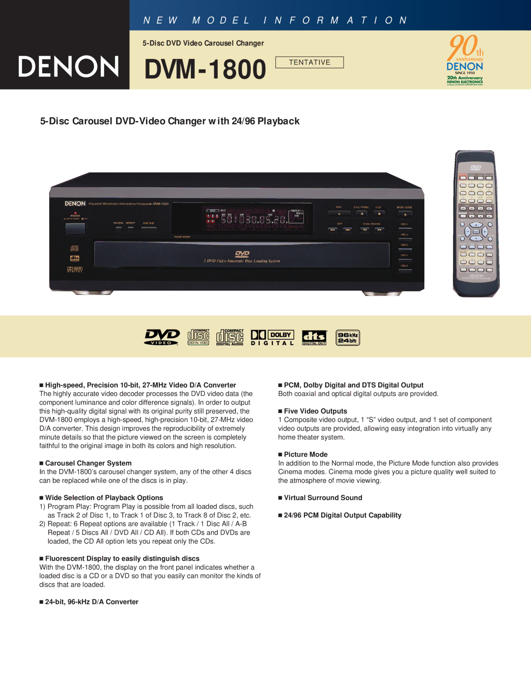 Denon DVM-1800 manual High-speed, Precision 10-bit, 27-MHz Video D/A Converter, Carousel Changer System, Picture Mode 