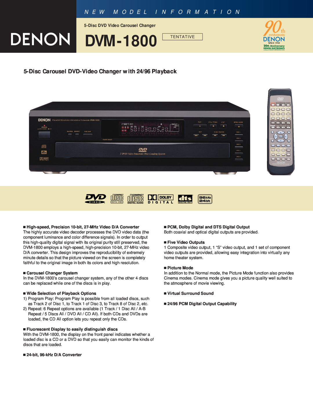 Denon DVM-1800 manual N E W M O D E L I N F O R M A T I O N, High-speed, Precision 10-bit, 27-MHz Video D/A Converter 