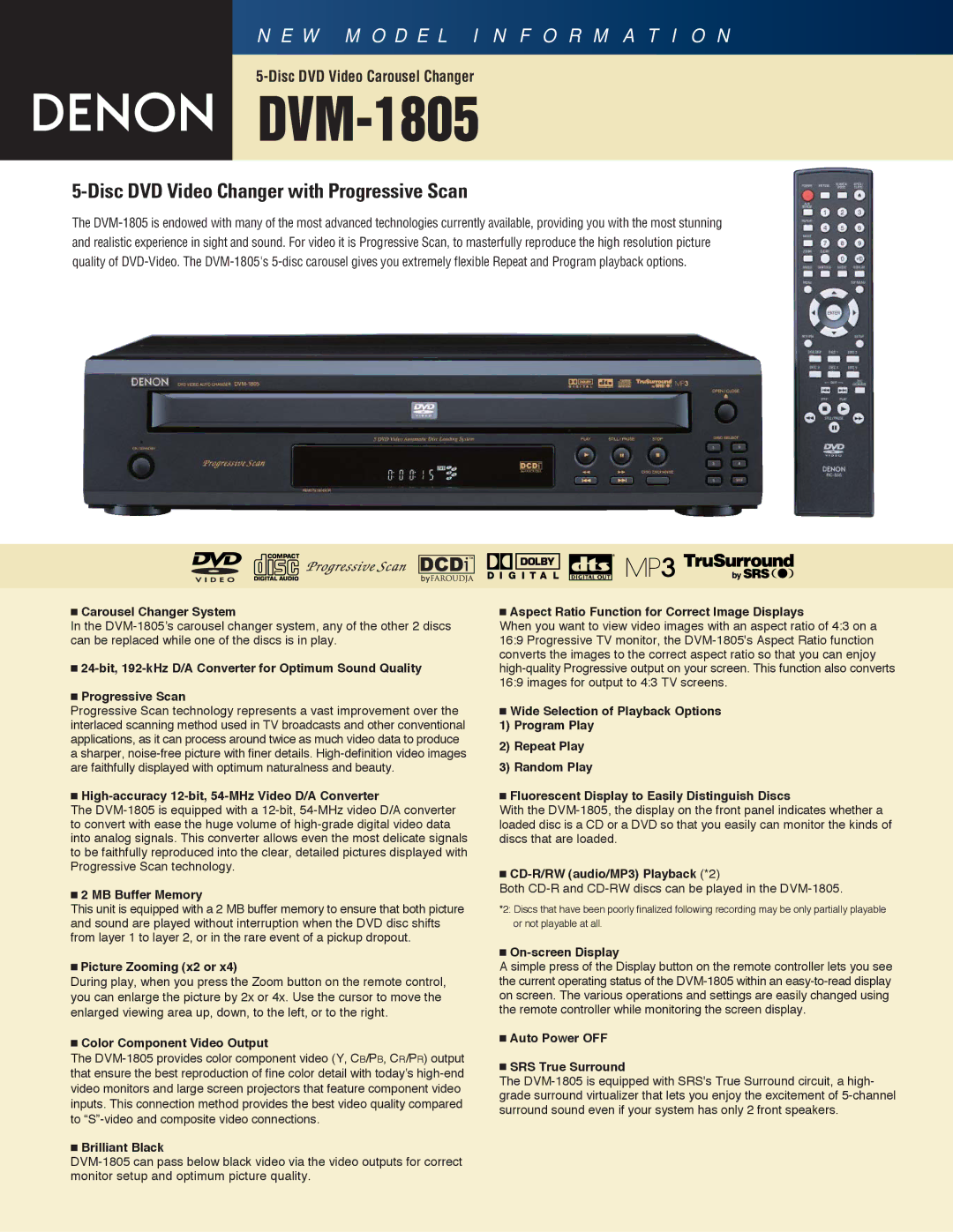 Denon DVM-1805 manual Carousel Changer System, High-accuracy 12-bit, 54-MHz Video D/A Converter, MB Buffer Memory 