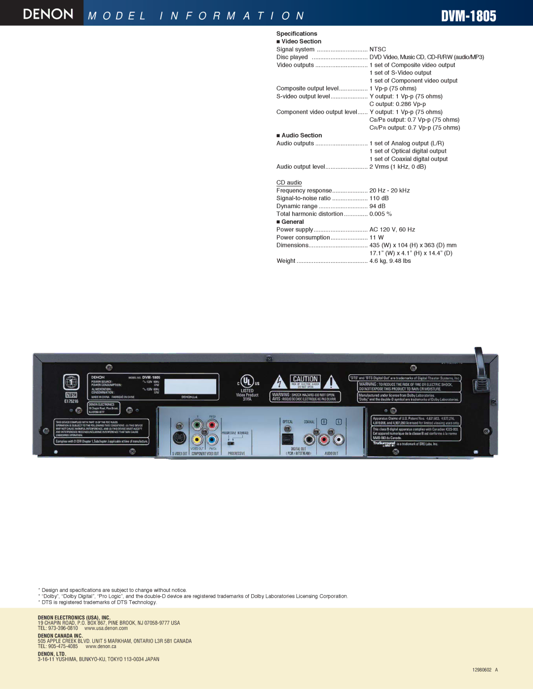 Denon DVM-1805 manual Specifications Video Section, Audio Section, General 