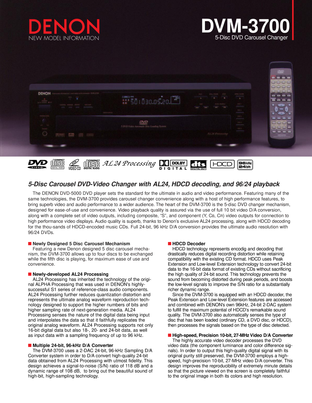 Denon DVM-3700 manual Newly-developed AL24 Processing, Multiple 24-bit, 96-kHz D/A Converter, Hdcd Decoder 