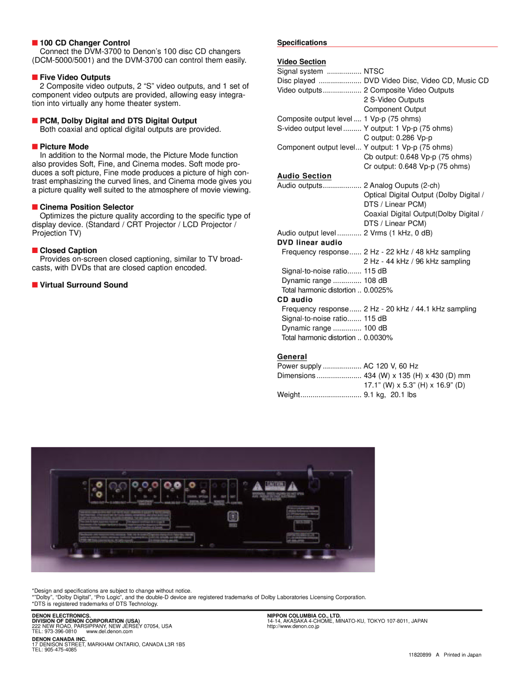 Denon DVM-3700 manual CD Changer Control, Five Video Outputs, PCM, Dolby Digital and DTS Digital Output, Picture Mode 