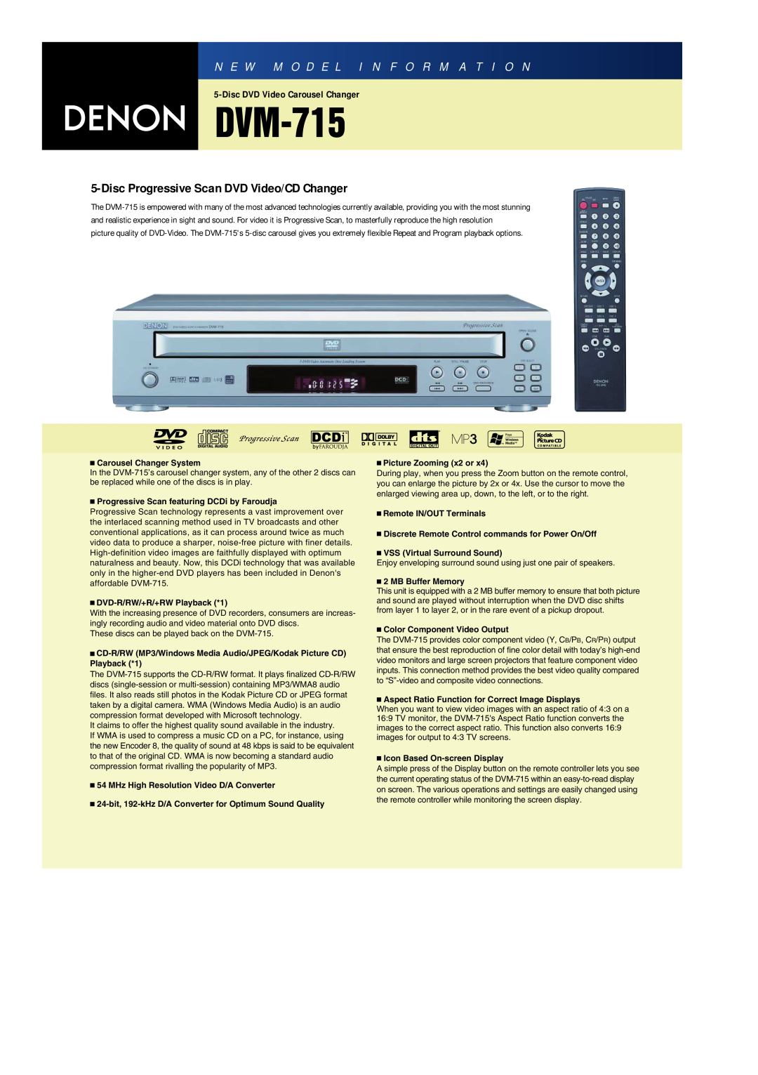 Denon DVM-715S manual N E W M O D E L I N F O R M A T I O N, Disc Progressive Scan DVD Video/CD Changer 