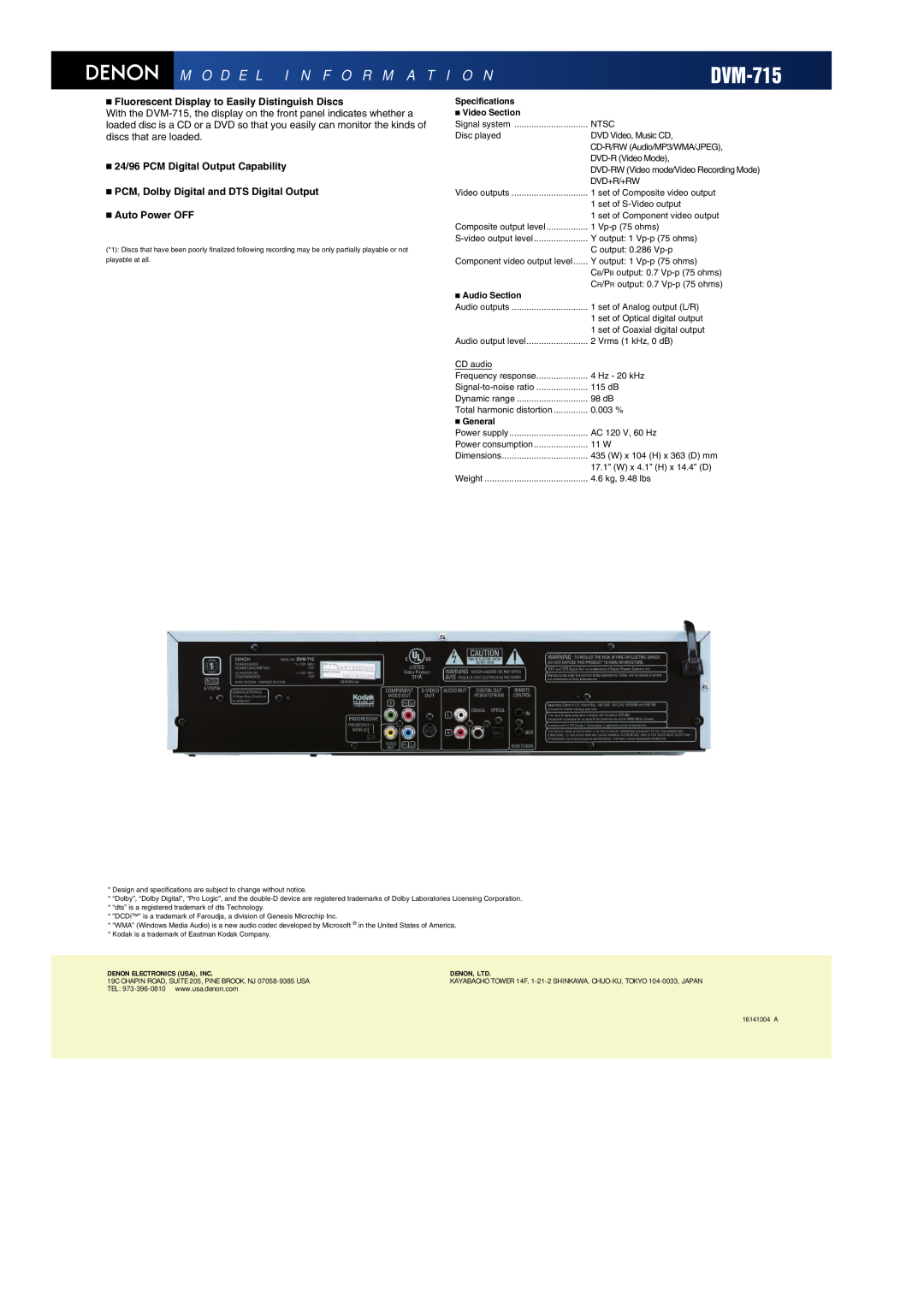 Denon DVM-715S manual M O D E L I N F O R M A T I O N, Specifications, Video Section, Audio Section, General 