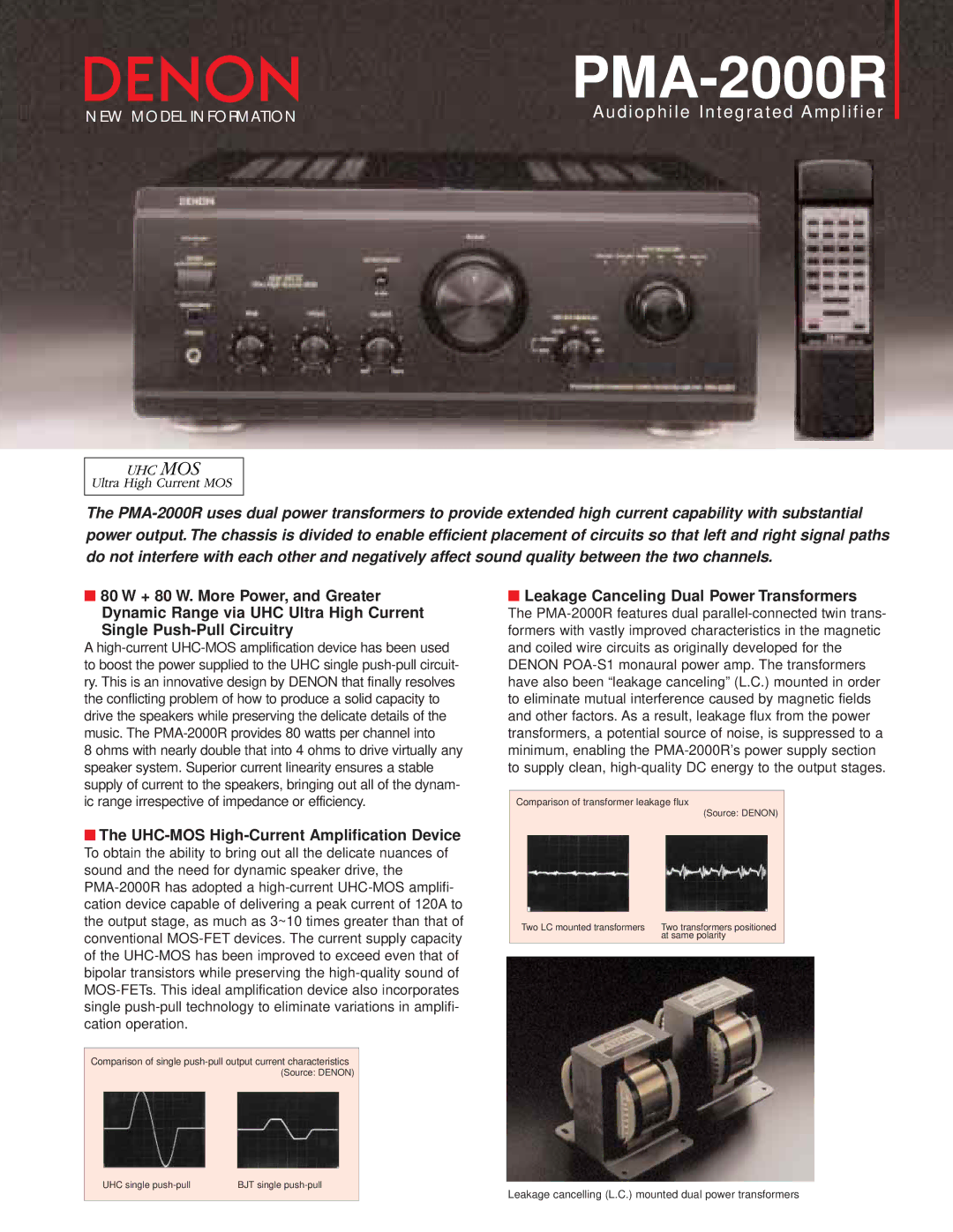 Denon PMA-2000R manual UHC-MOS High-Current Amplification Device, Leakage Canceling Dual Power Transformers 