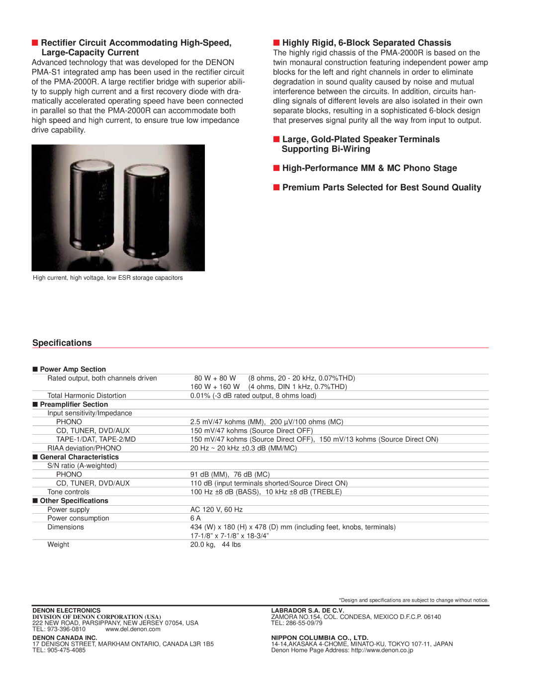 Denon PMA-2000R manual Highly Rigid, 6-Block Separated Chassis, Specifications 