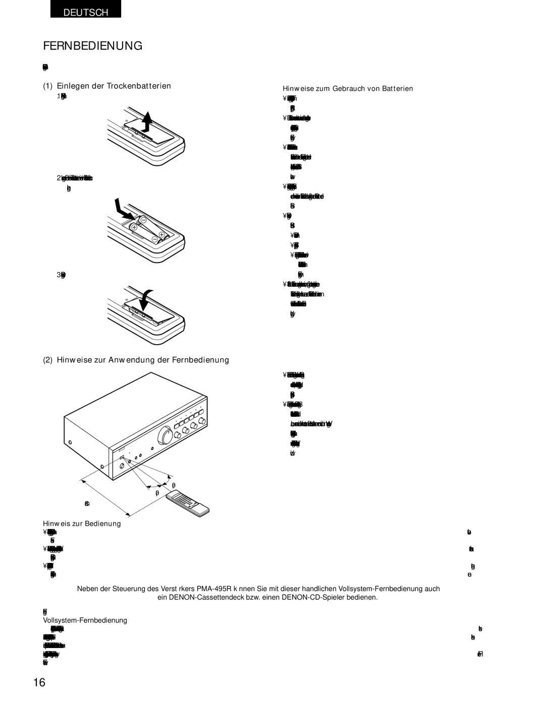 Denon PMA-495R manual Fernbedienung, Hinweise zum Gebrauch von Batterien, Hinweis zur Bedienung 