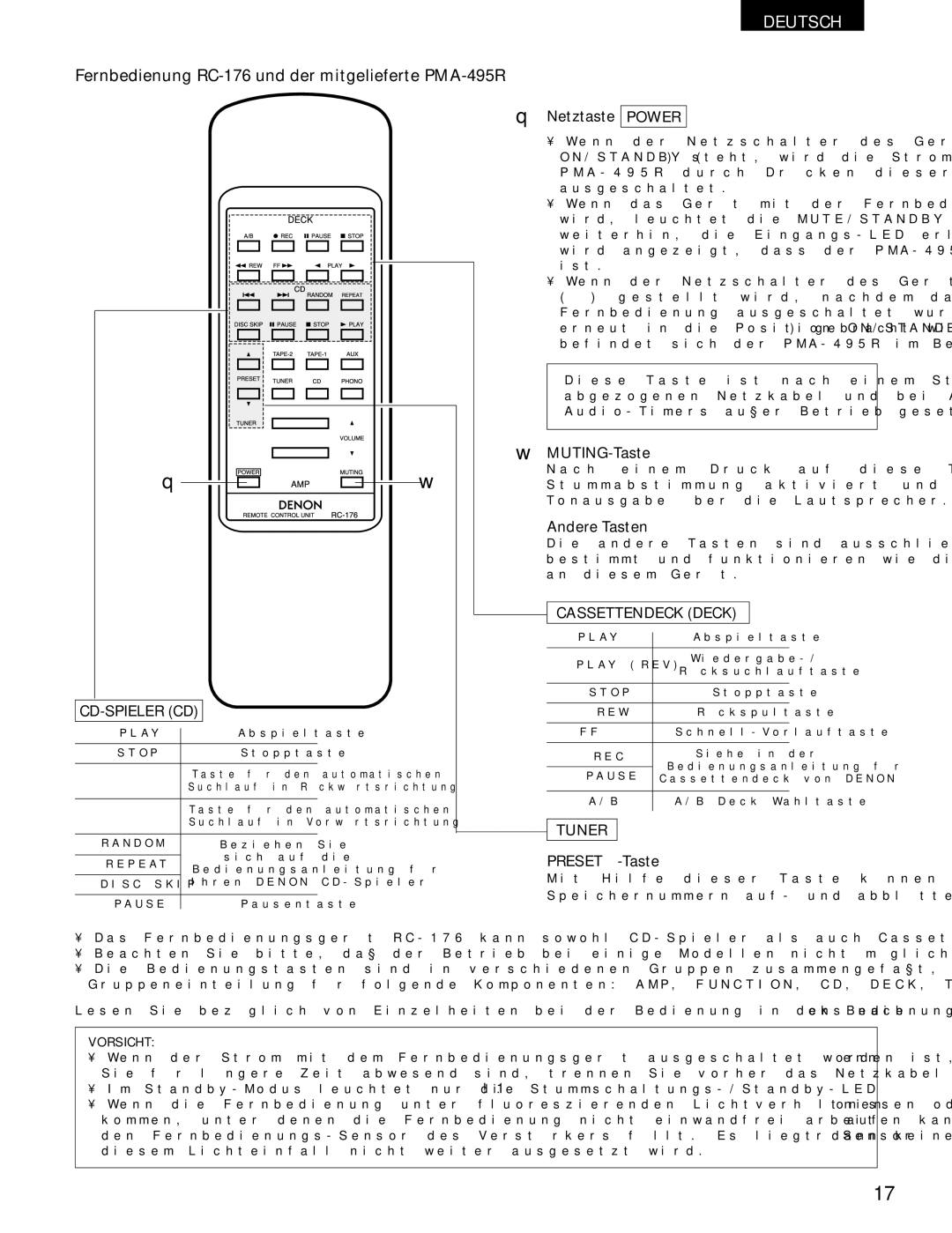 Denon PMA-495R manual Cd-Spieler Cd, Cassettendeck Deck, Tuner 