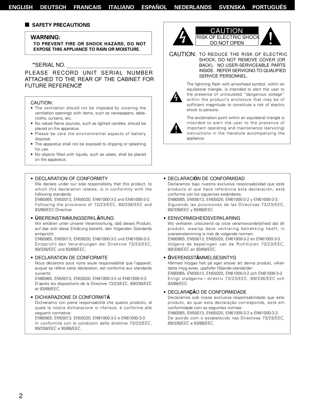 Denon PMA-495R manual Safety Precautions, Risk of Electric Shock Do not Open 