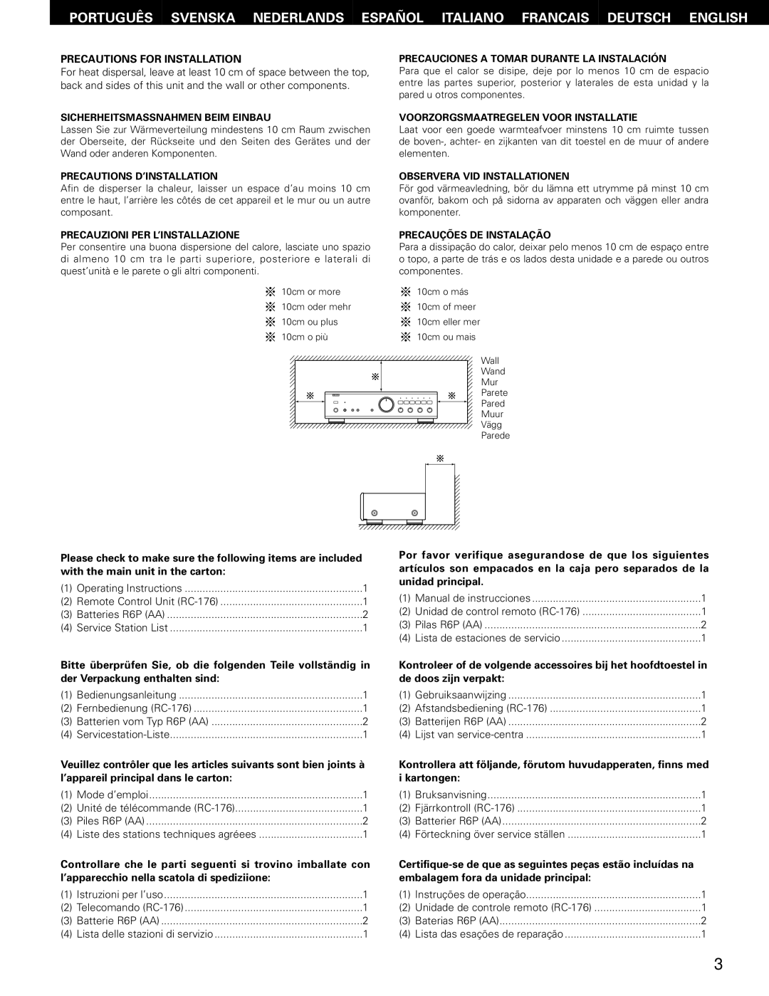 Denon PMA-495R manual Precautions for Installation, Sicherheitsmassnahmen Beim Einbau, Precautions D’INSTALLATION 