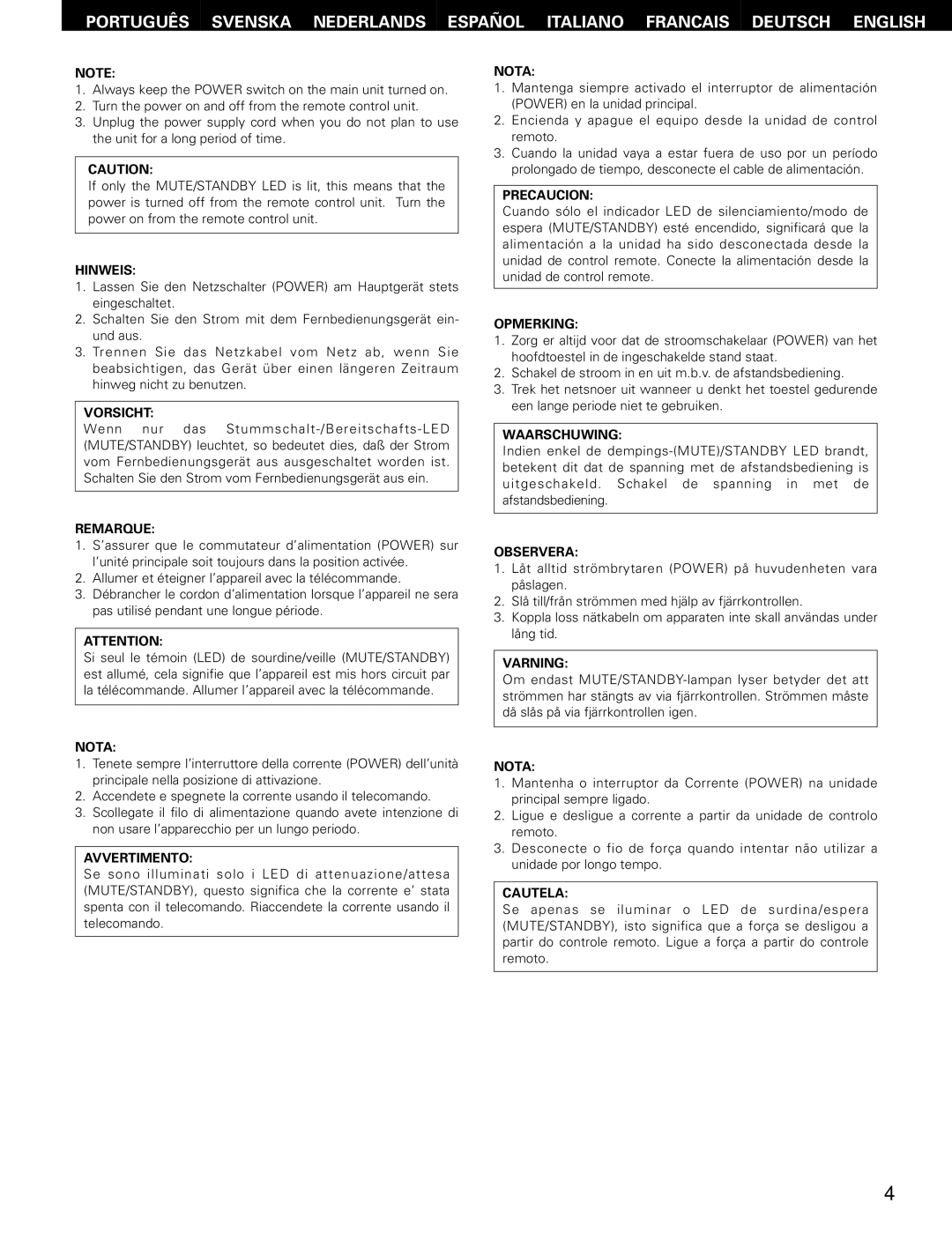 Denon PMA-495R Hinweis, Vorsicht, Remarque, Nota, Avvertimento, Precaucion, Opmerking, Waarschuwing, Observera, Varning 