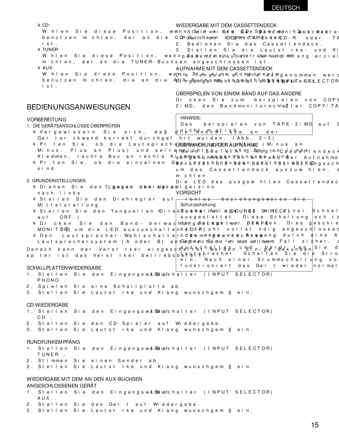 Denon PMA-495R manual Bedienungsanweisungen, Tuner, DIE Geräteanschlüsse Überprüfen, Grundeinstellungen 