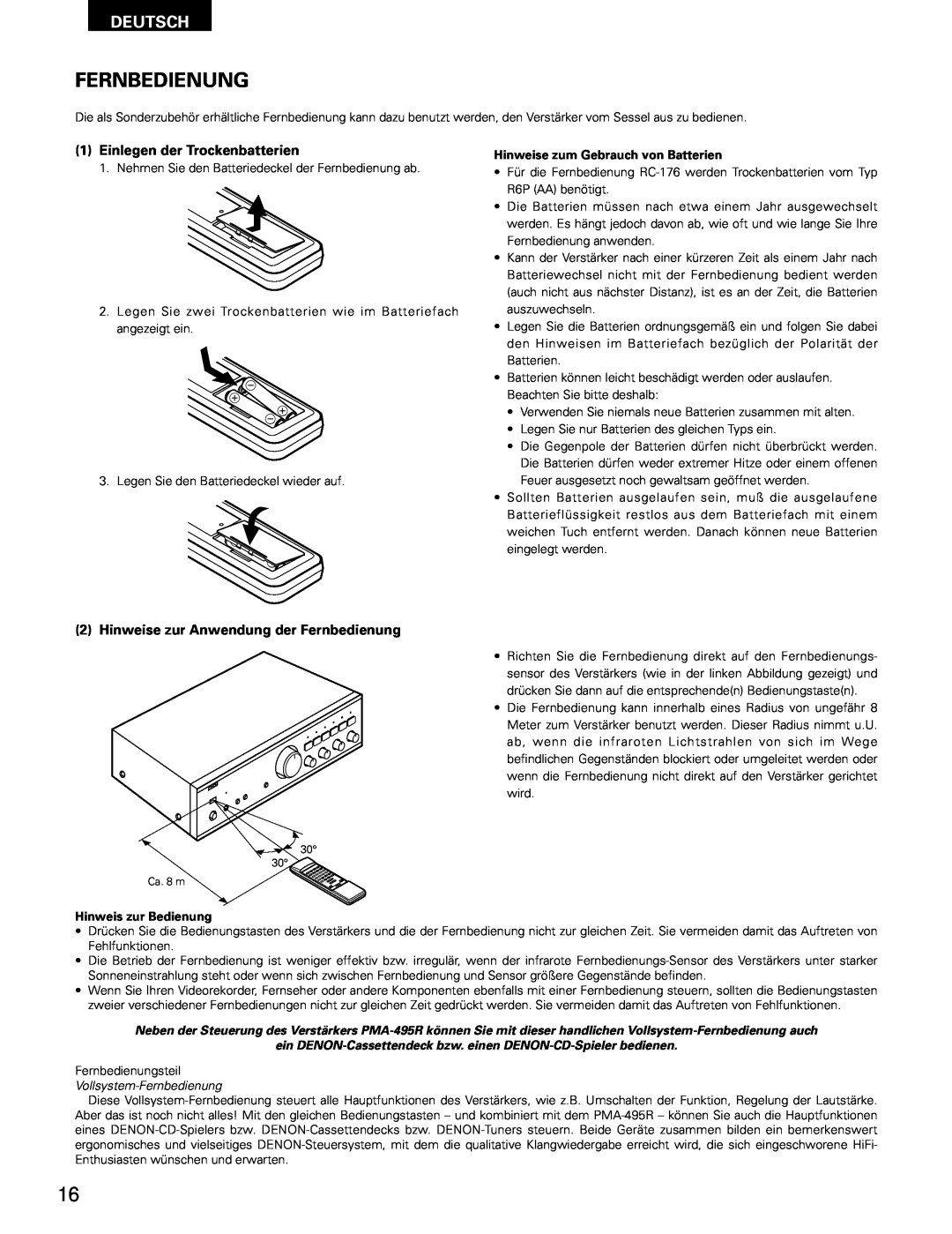 Denon PMA-495R manual Deutsch, Einlegen der Trockenbatterien, Hinweise zur Anwendung der Fernbedienung 