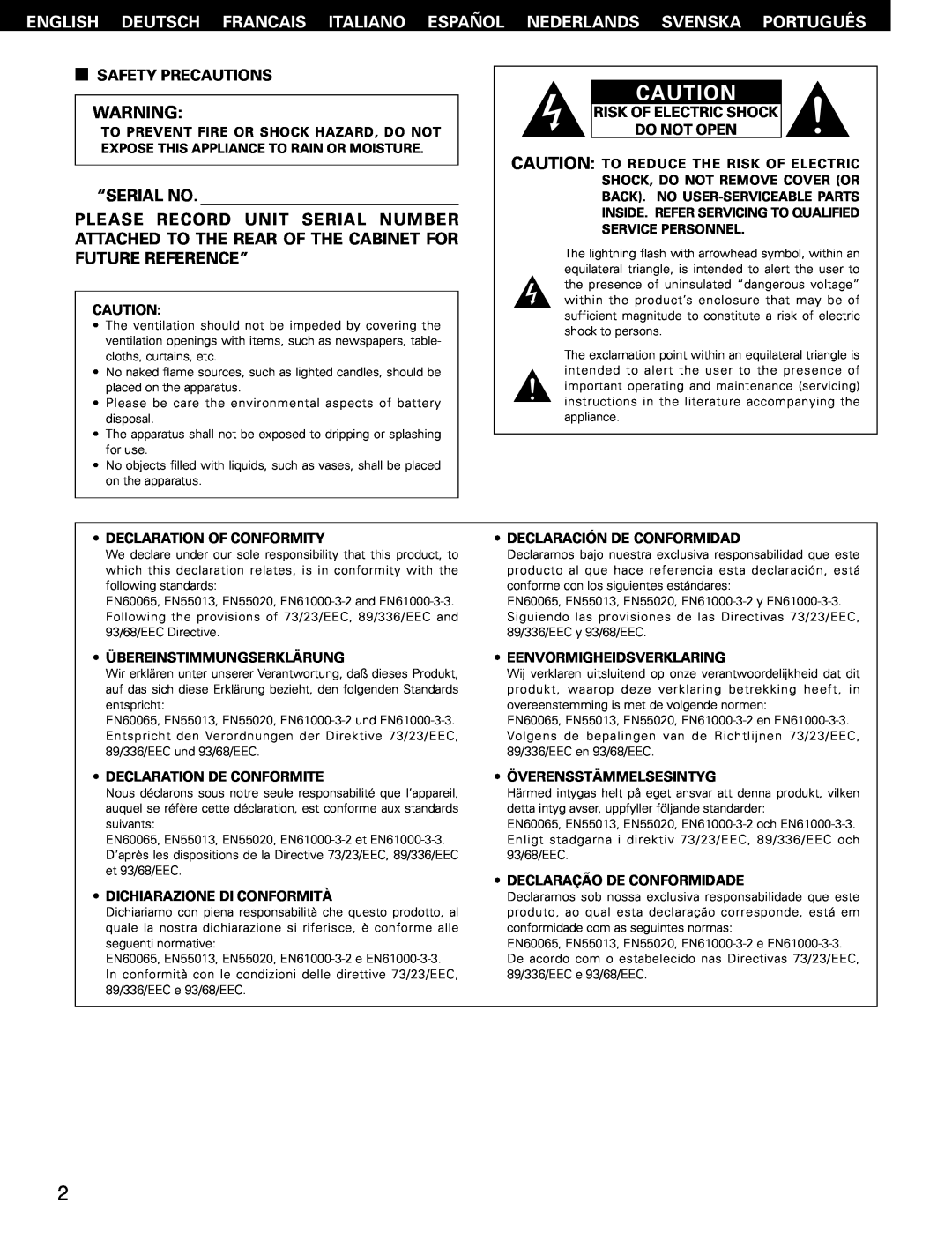 Denon PMA-495R manual “Serial No, Safety Precautions, Risk Of Electric Shock Do Not Open 